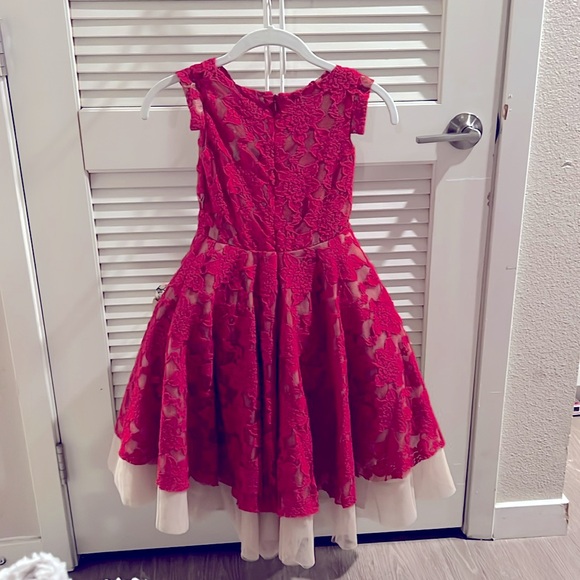 Festive Joyfolie Red Lace & Nude Tulle High Low Dress. - Picture 2 of 3